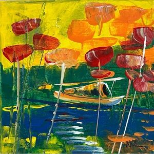 Boat with  Floral Canvas Art 8x8 inches , Google: Daniel Nie